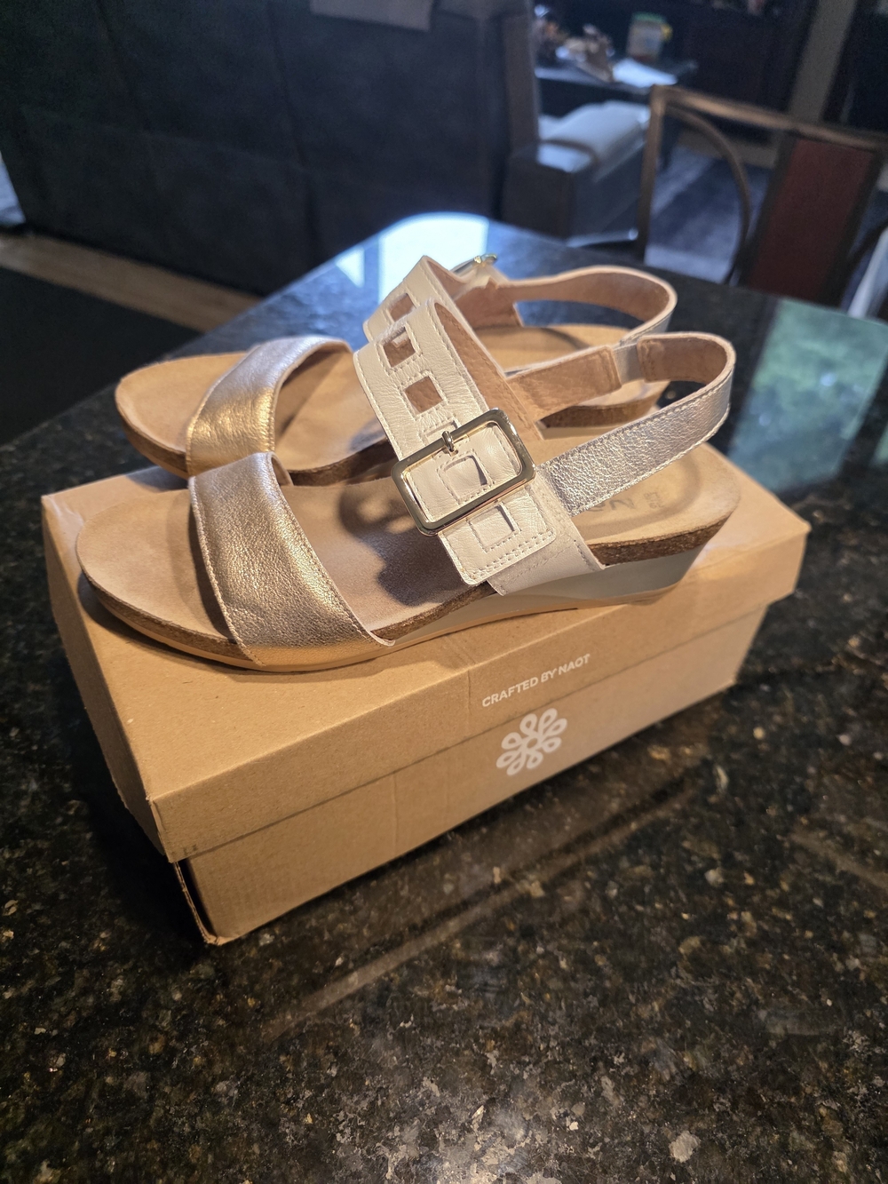 Naot Women's Metallic Taupe and Ivory Buckle Sandals